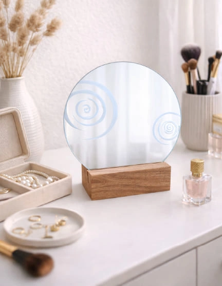 miroir rond gravé ondulations eau base chêne elementti